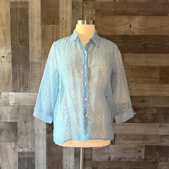 Alfred Dunner sheer blue button up shirt size 16 tropical resortwear abalone - Picture 7 of 12
